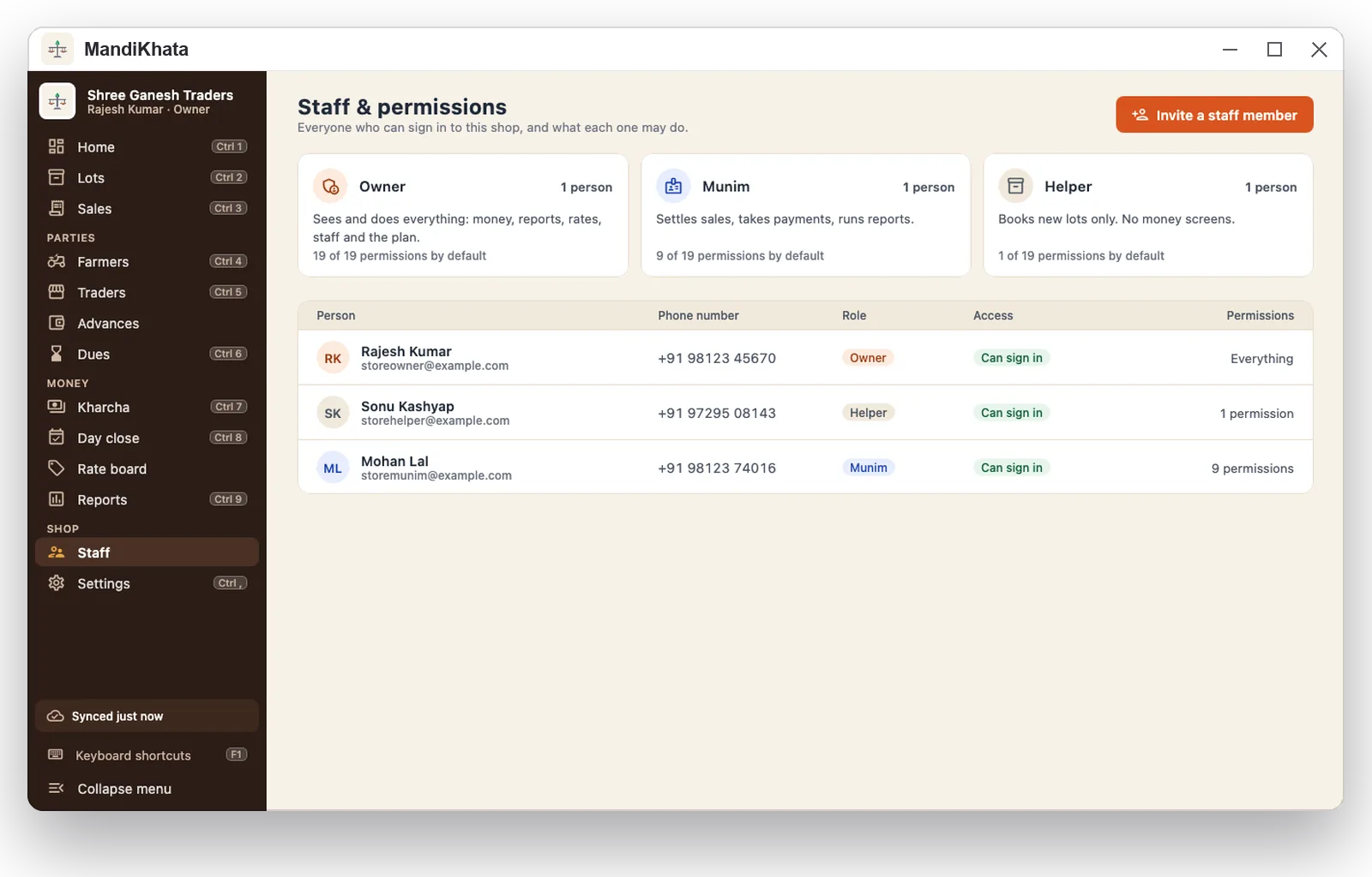 Staff and permissions in MandiKhata for Windows